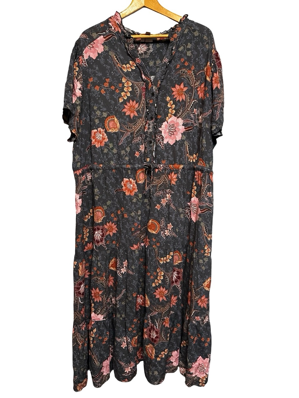 Knox Rose Pink Floral Gray Button Front Midi Dress SZ 3X Comfy Summer Casual